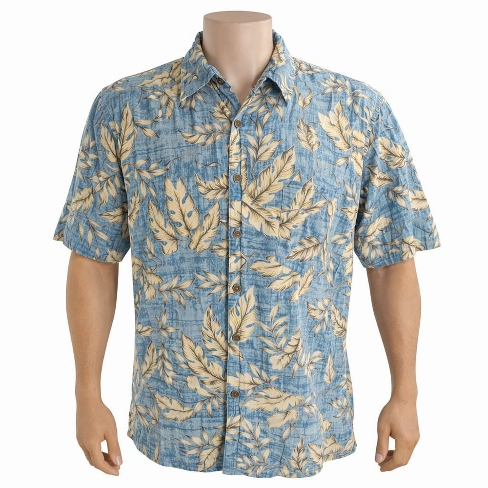Ocean Pacific Sport Hawaiian Aloha Shirt XL Floral Leaves Vines Blue Tan